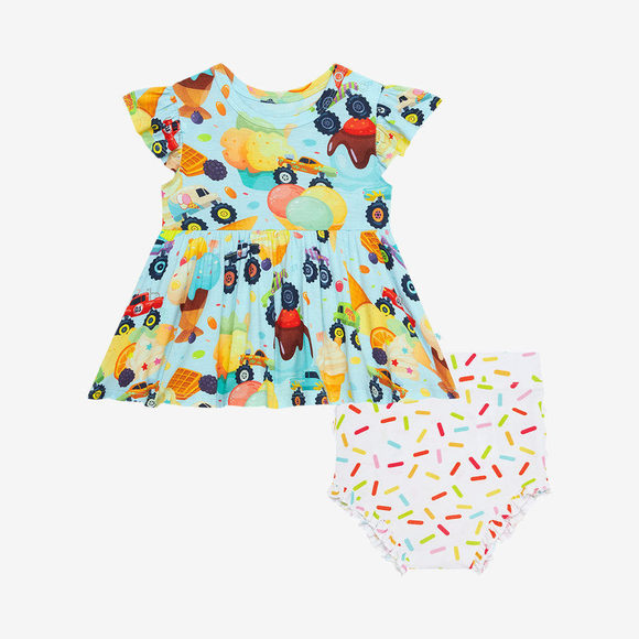 MONSTER Trucks Ruffled Capsleeve Peplum Top & Bloomer Set - Posh Peanut